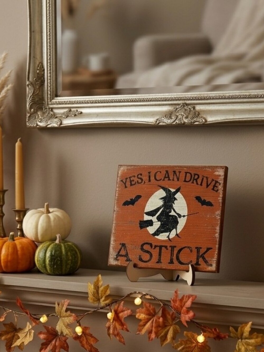 Halloween Witch Wood Sign - Orange & Black - Yes I Can Drive Stick Humor